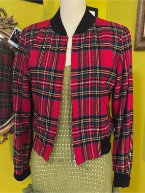 Agnes B. Red Plaid Bomber Jacket Small Medium